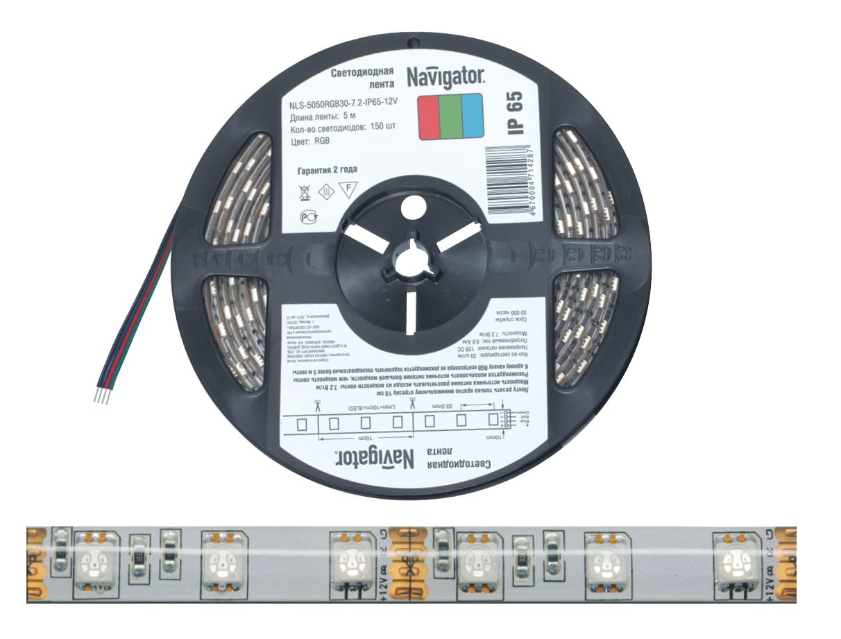Лента светодиодная (бухта 5 метров) Navigator NLS-5050RGB30-7.2-IP65-12V - 71428 цвет: RGB фото